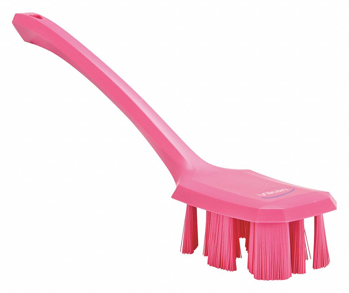 Scrub Brush: Stiff, Plastic, 4 3/4 in Brush Lg, 11 1/4 in Handle Lg, 2 7/8 in Head Wd, Pink