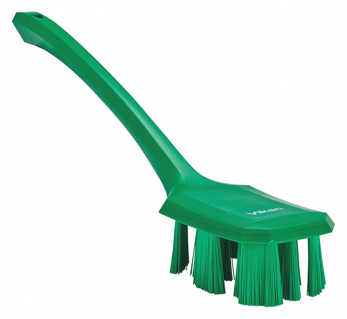 SCRUB BRUSH, STIFF, PLASTIC, 4¾ IN BRUSH L, 11¼ IN HANDLE L, 2⅞ IN HEAD W, GREEN