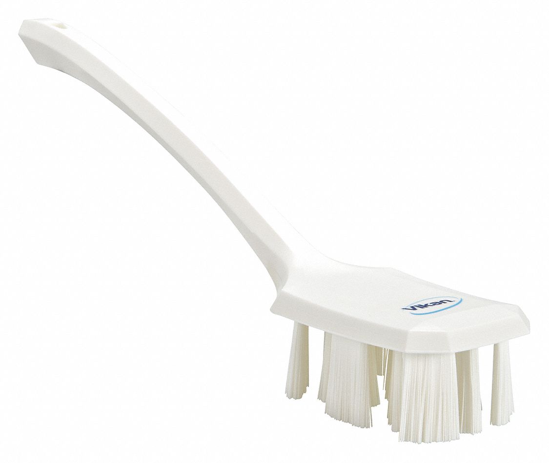 Scrub Brush: Stiff, Plastic, 4 3/4 in Brush Lg, 11 1/4 in Handle Lg, 2 7/8 in Head Wd, White