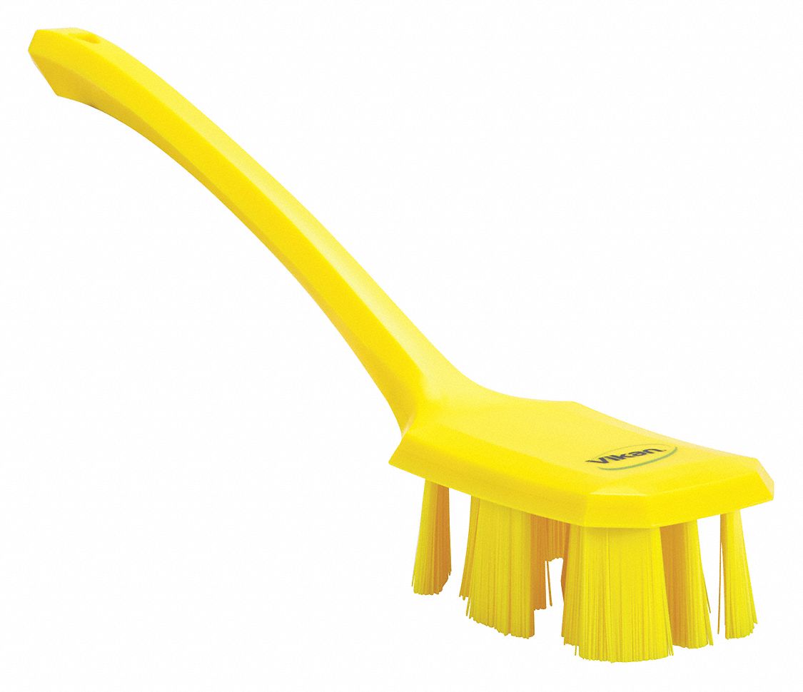 Scrub Brush: Stiff, Plastic, 4 3/4 in Brush Lg, 11 1/4 in Handle Lg, 2 7/8 in Head Wd, Yellow