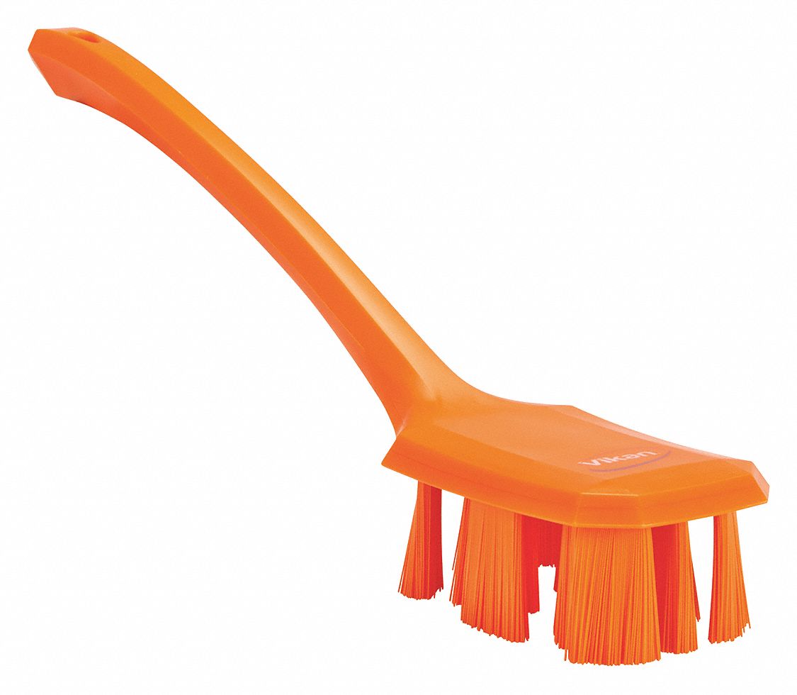 Scrub Brush: Stiff, Plastic, 4 3/4 in Brush Lg, 11 1/4 in Handle Lg, 2 7/8 in Head Wd, Orange