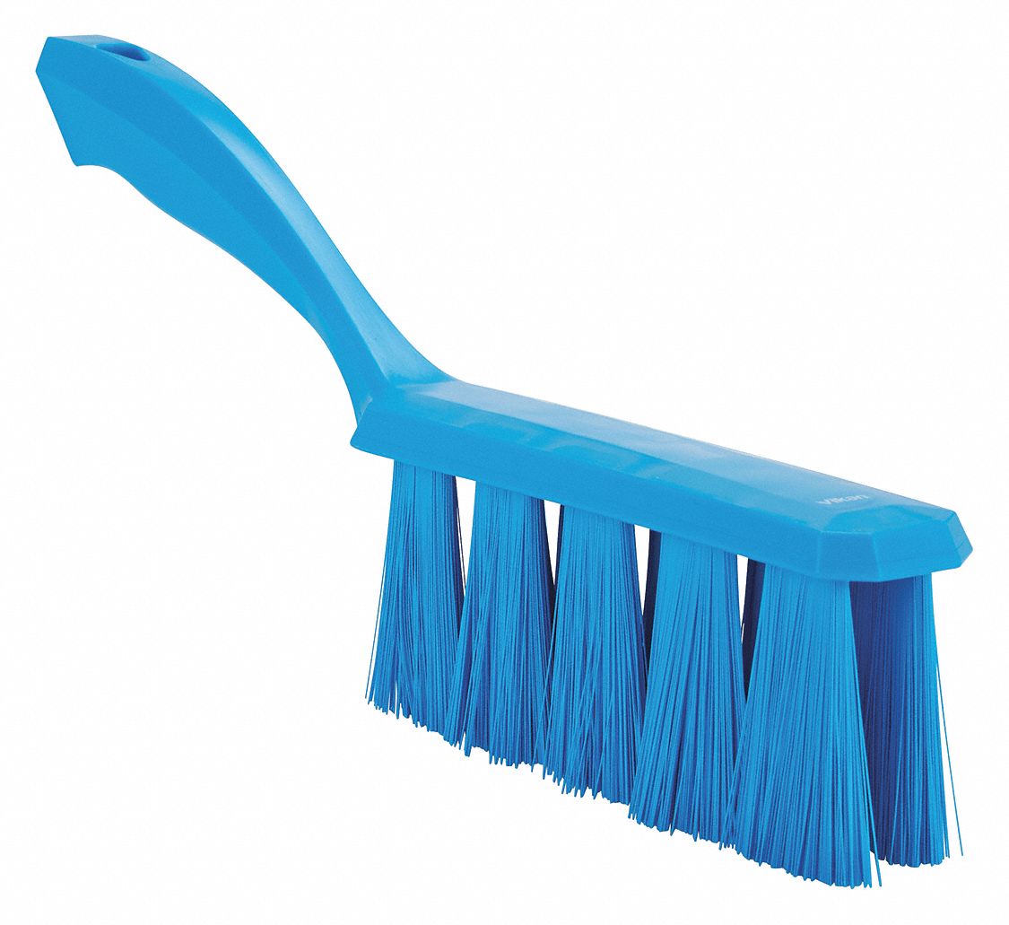 Bench Brush: Medium, Polyester Bristle, 7 in Handle Lg, 6 1/2 in Brush Lg, Blue