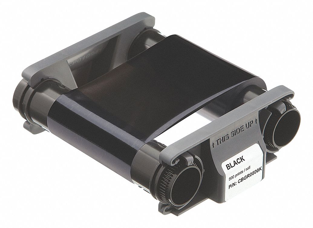 ID Card Printer Ribbon: Black, 500 Prints per Roll, 8 in Overall Ht, 2 1/2 in Overall Wd