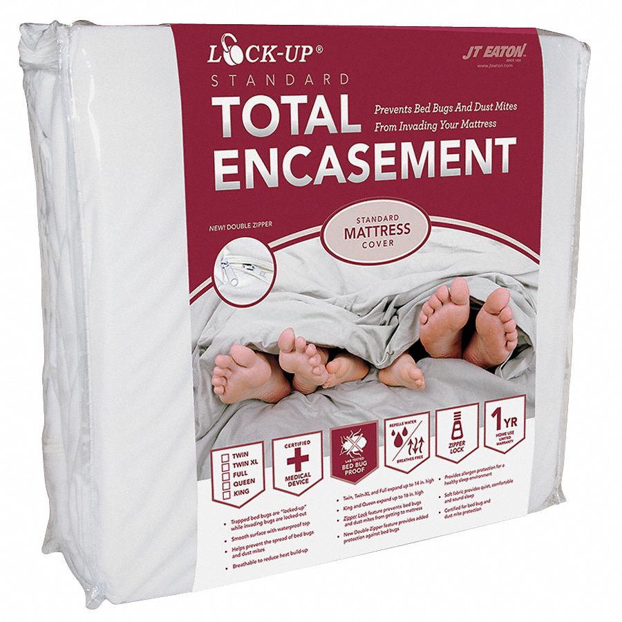 Lock-Up Mattress Encasement: Twin, 75 in Lg, 39 in Wd, Protects Allergies/Bed Bugs/Dust Mites