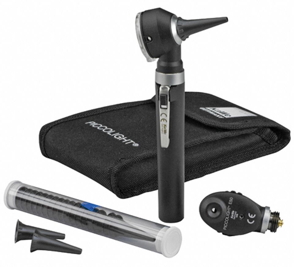 KAWE Opthalmoscope/Otoscope Kit Black, Fiber Optic 38F77120817020 Grainger