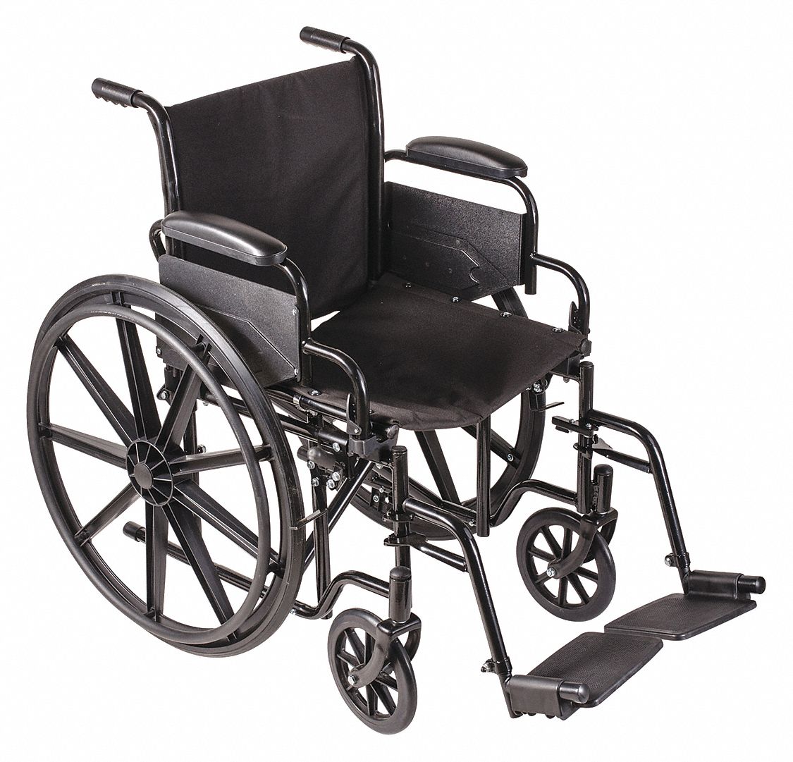 Wheelchair: 250 lb Wt Capacity, 18 in Seat Wd, 16 in Seat Dp, Vinyl, 18 in Back Ht, Carbon Steel