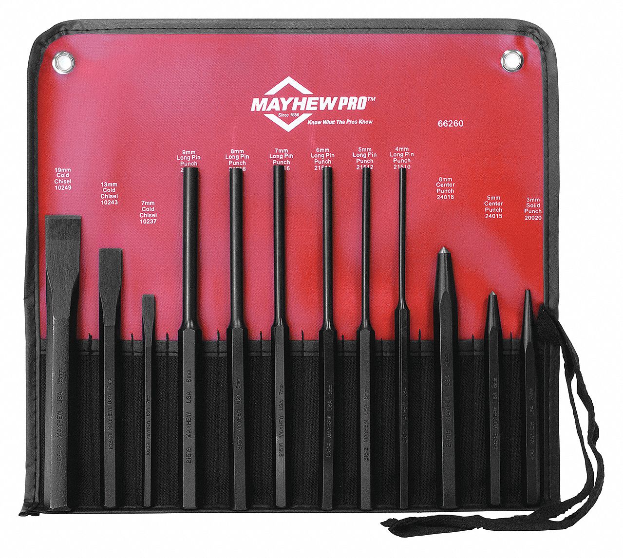 PUNCH AND CHISEL SET, 12 PIECES, COLD CHISEL, CENTRE PUNCH/PIN PUNCH/SOLID PUNCH, POUCH
