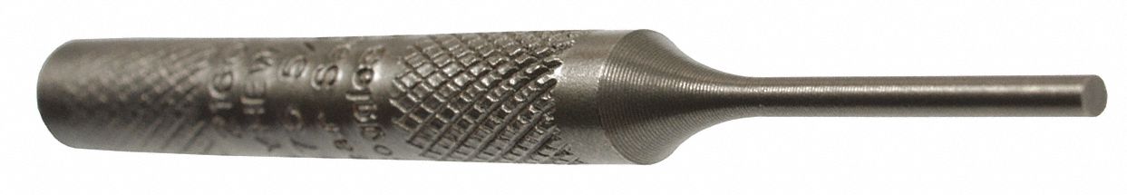 Pin Punch: 1/4 in Tip Dia, 1 1/4 in Taper Lg, 4 in Overall Lg, Round, Steel, Flat, SAE