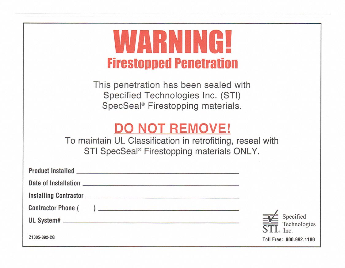 FIRE PENETRATION LABEL,4-1/2X1/10"