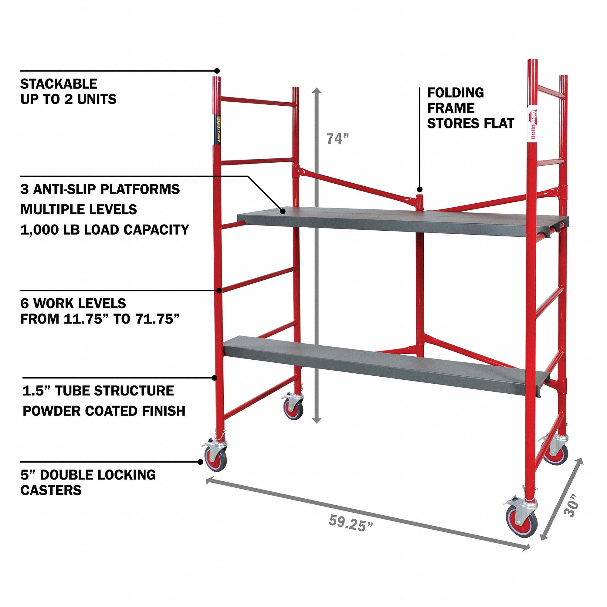 METALTECH Portable Scaffold, Steel, Adjustable Platform Height, 6 ft