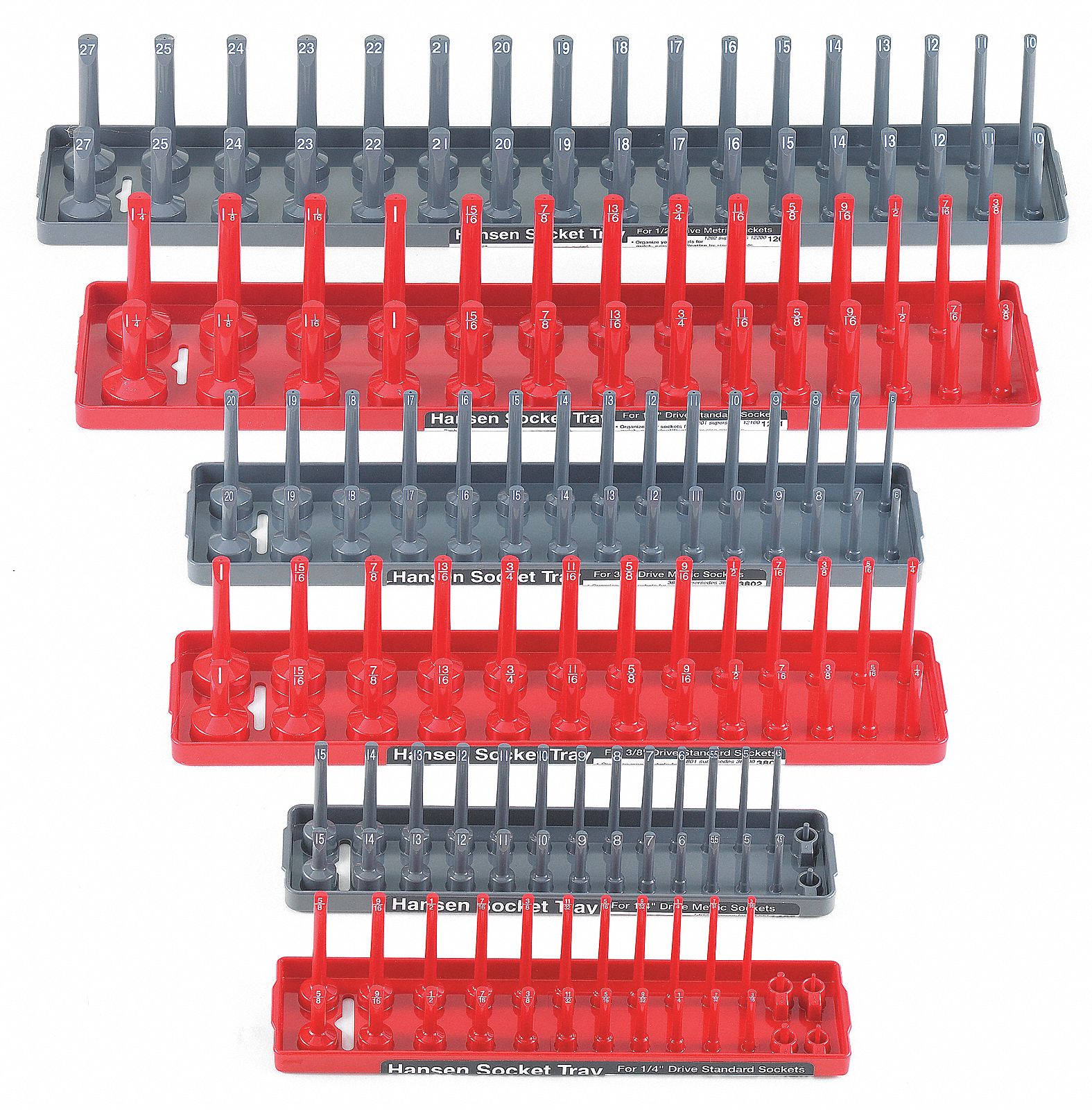 Socket Tray: Gray/Red, 8 in Overall Wd, 4 1/2 in Overall Ht, 118_28_30_34 Posts/Slots, 2 Rows