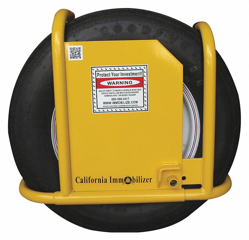 Wheel Clamp Type B: Steel, Yellow, Adj, For 15 in Max Wheel Dia, For 9 in Max Wheel Wd, Keyed Alike