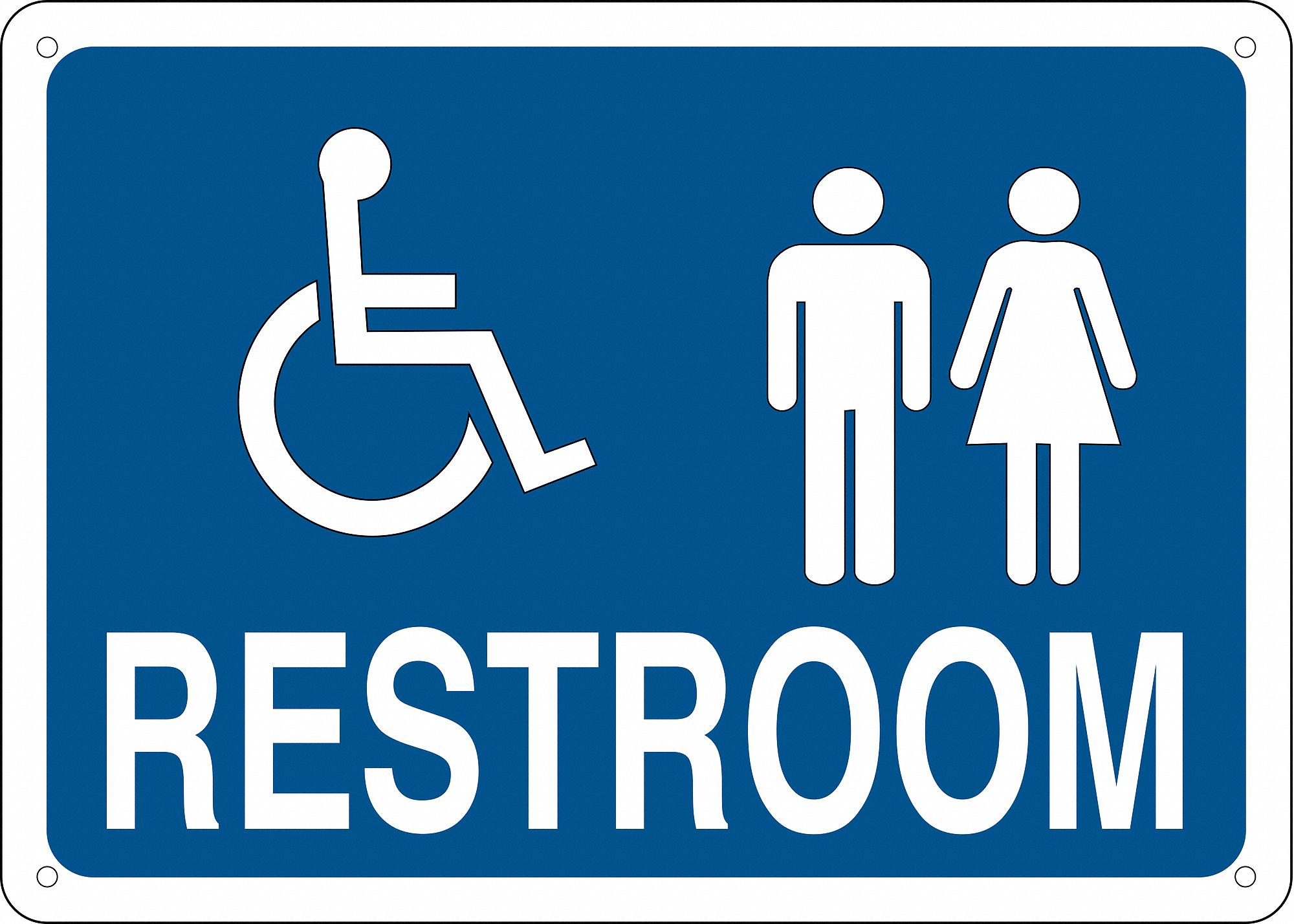 RESTROOM SIGN, POLYESTER, 14 IN WIDTH, 10 IN HEIGHT, BLUE/WHITE, ADHESIVE SURFACE
