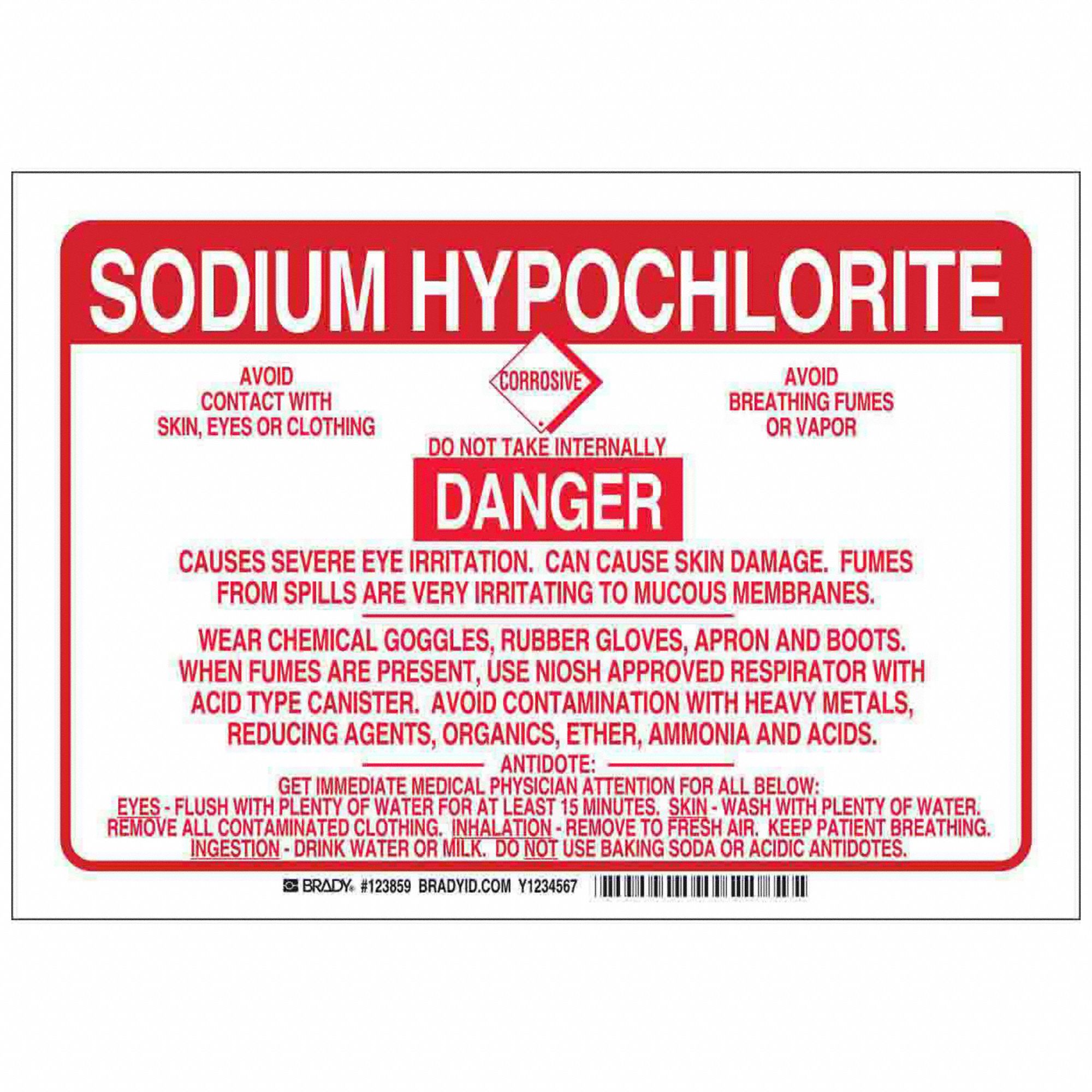 Sign: 10 in Ht, 14 in Wd, 0.006 in Thick, Polyester, English, Sodium Hypochlorite, 14 in x 10 in