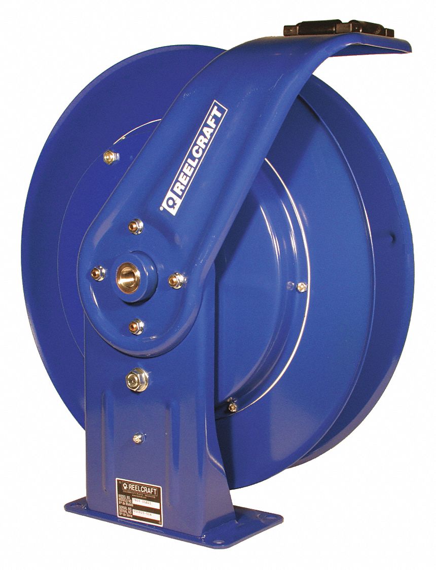 Spring Return Hose Reel: 50 ft (1/2 in I.D.), 500 psi Max Op Pressure, Stainless Steel, Blue