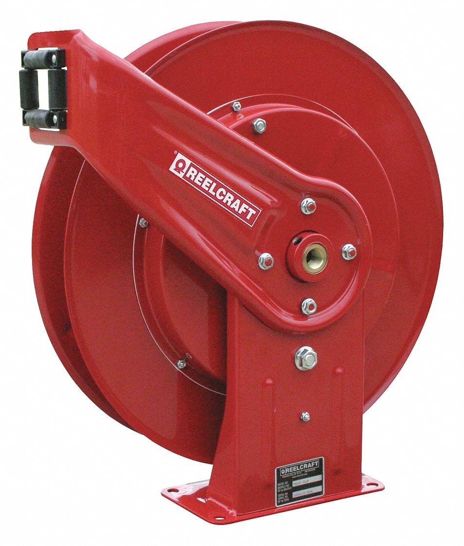 Spring Return Hose Reel: 50 ft (1/4 in I.D.), 5, 000 psi Max Op Pressure, Nickel Plated Steel, Red