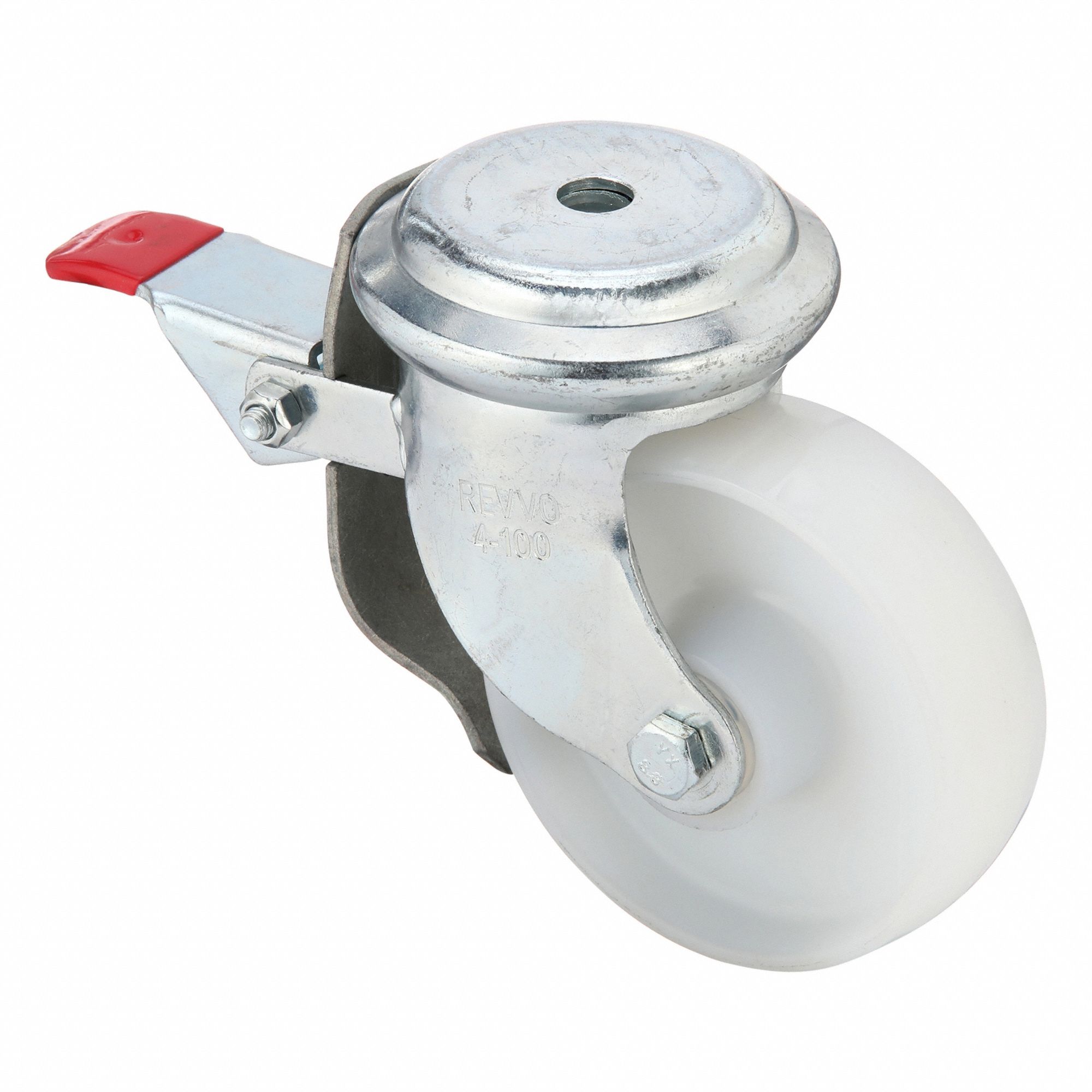 Bolt-Hole Caster: Swivel, Total Lock, Nylon, 4 in Wheel Dia., 1 3/8 in Wheel Wd