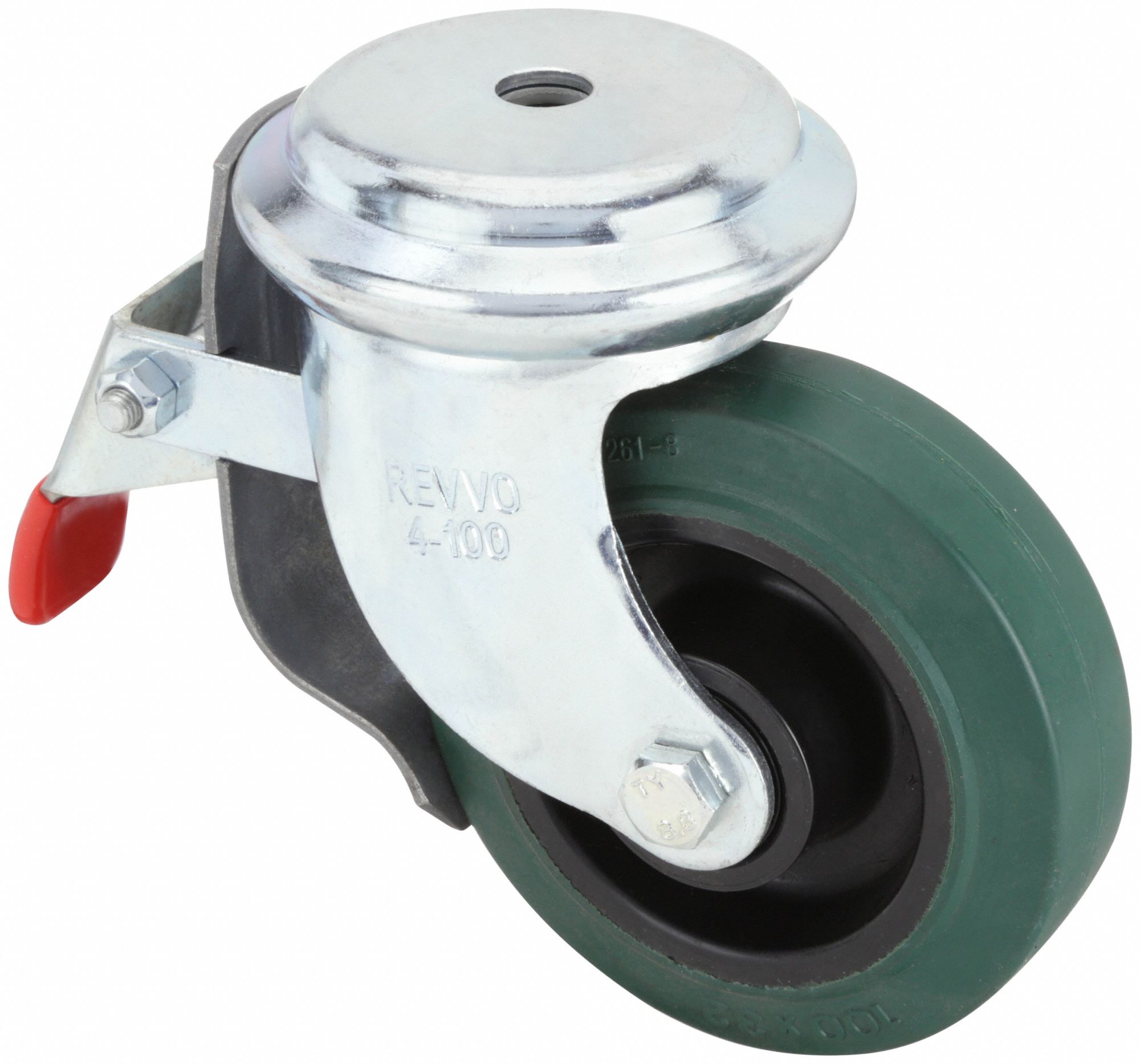 Bolt-Hole Caster: Swivel, Total Lock, Rubber, 4 in Wheel Dia., 1 1/4 in Wheel Wd