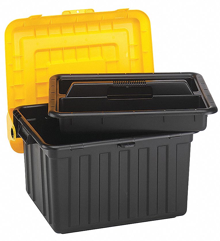 Attached Lid Tote: 32.2 gal, 23 5/8 in x 19 in x 14 5/8 in, Black Body, Yellow Lid, Plastic