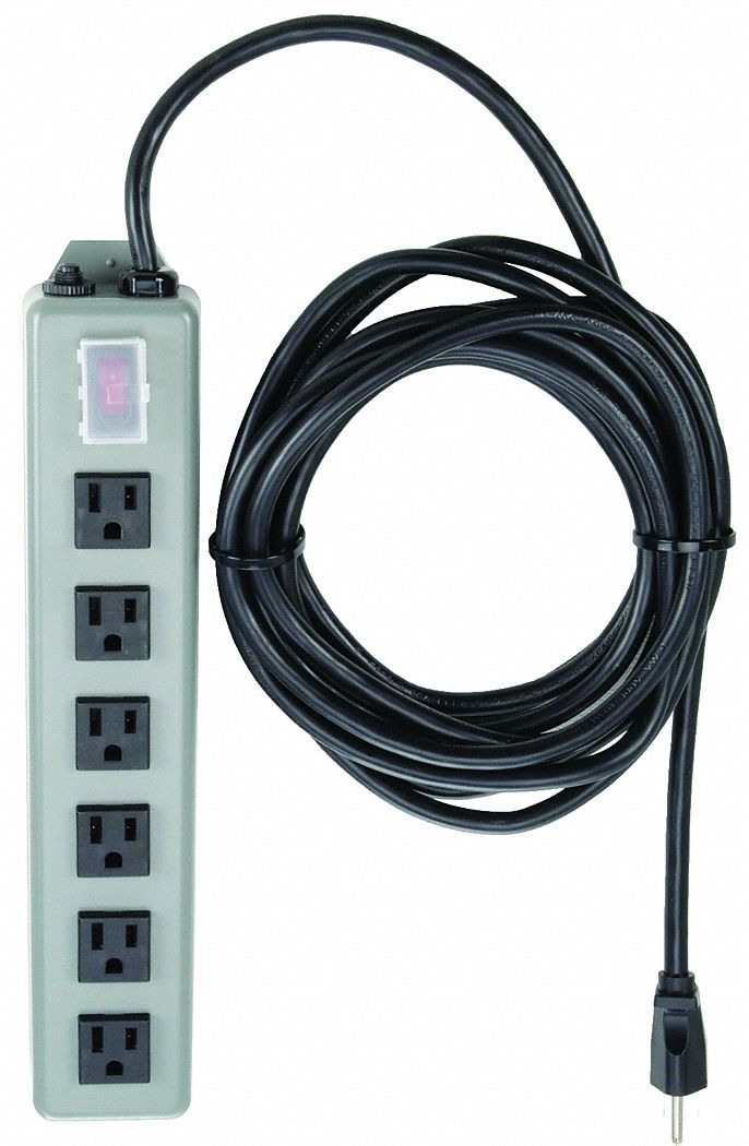 Outlet Strip: 6 Outlets, 15 ft Cord Lg, 15 A Max. Amps, Gray, NEMA 5-15P, Power Indicator