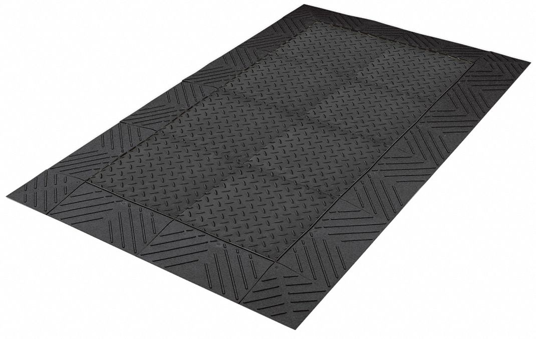 Interlocking Antifatigue Mat: Diamond Plate, 3 ft x 5 ft, 1 in Thick, Black, Vinyl, Beveled Edge