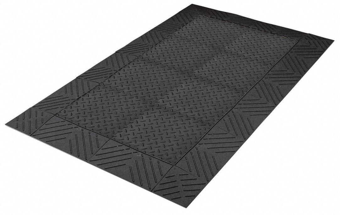 Interlocking Antifatigue Mat: Diamond Plate, 3 ft x 10 ft, 1 in Thick, Black, Vinyl, Beveled Edge