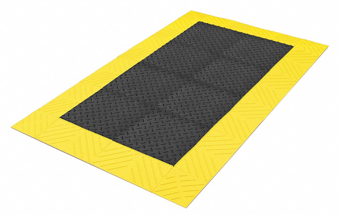 Interlocking Antifatigue Mat: Diamond Plate, 3 ft x 10 ft, 1 in Thick, Black with Yellow Border