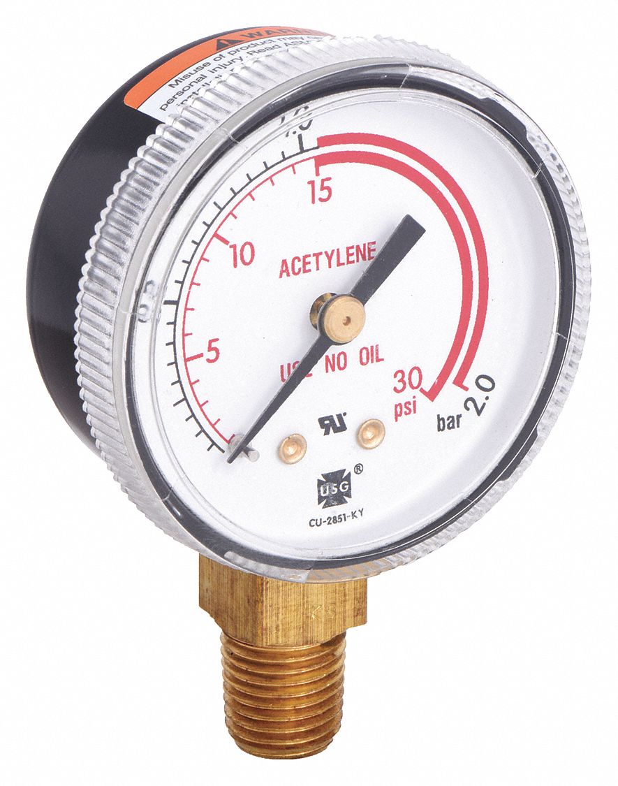 Welding Regulator Pressure Gauge: 0 psi to 30 psi, 2 in Dial, 1/4 in NPT Male, Steel