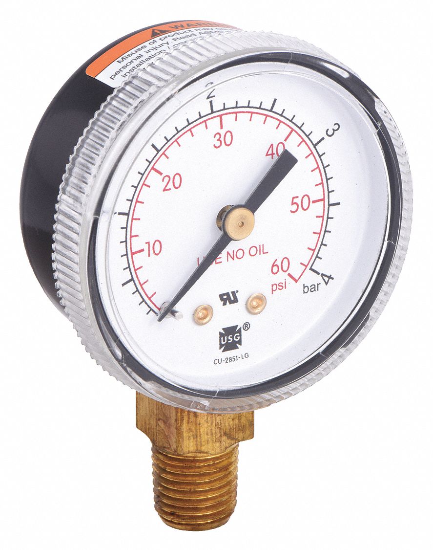 Welding Regulator Pressure Gauge: 0 psi to 60 psi, 2 in Dial, 1/4 in NPT Male, Steel