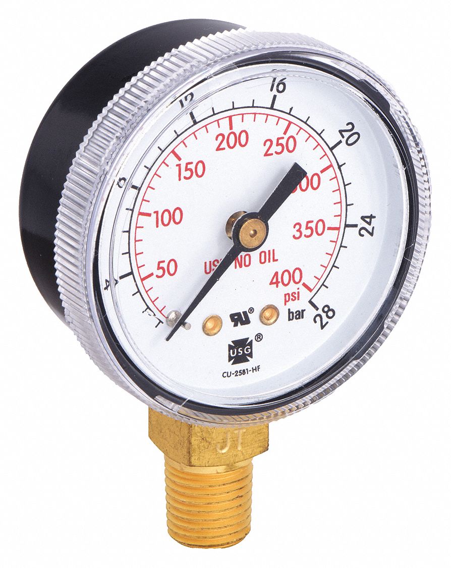 MILLER ELECTRIC Pressure Gauge, 0 to 400 psi, 0 to 28 Bar Range, 1/4 in