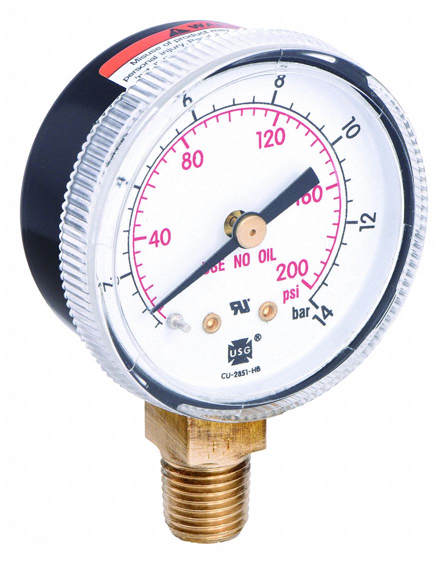 Welding Regulator Pressure Gauge: 0 psi to 200 psi, 2 in Dial, 1/4 in NPT Male