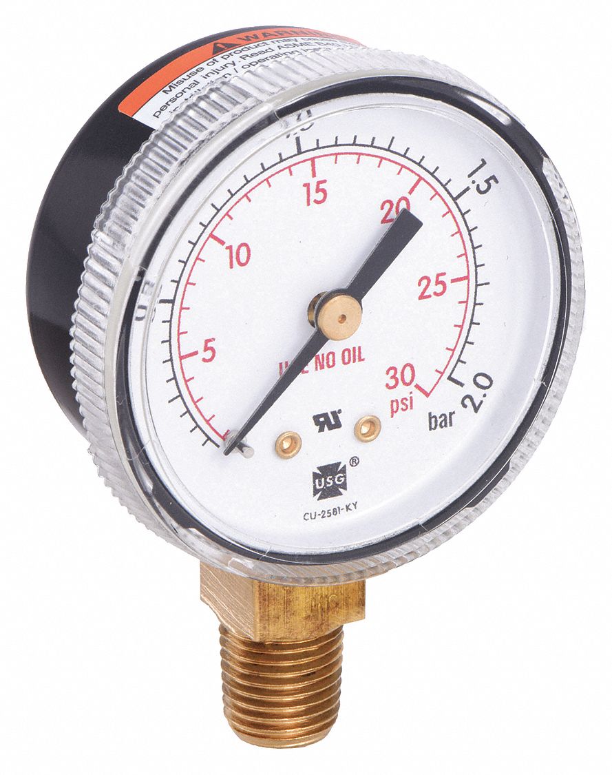 Welding Regulator Pressure Gauge: 0 psi to 30 psi, 2 in Dial, 1/4 in NPT Male, Steel