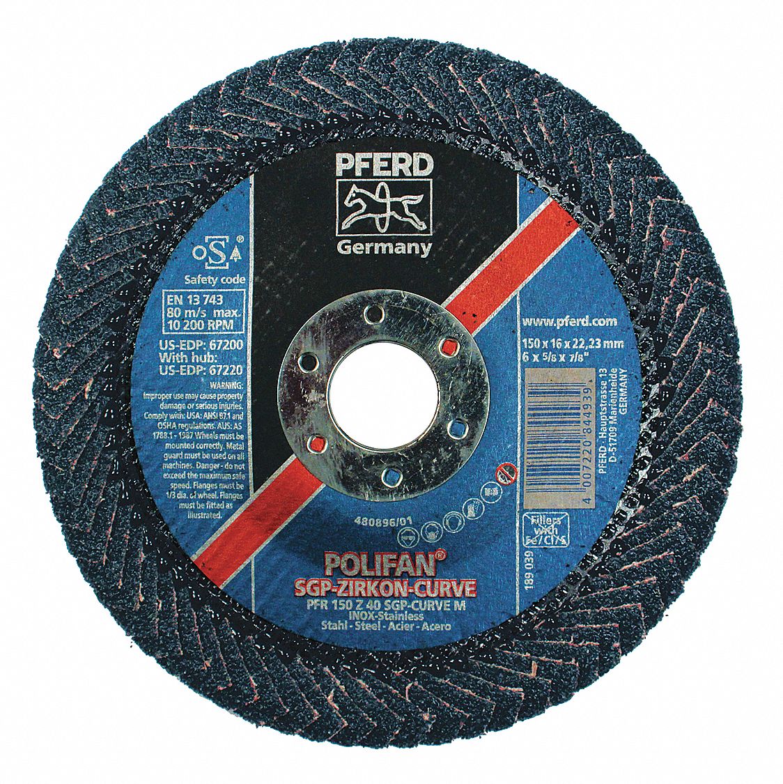Flap Disc: Radial, 7" x 7/8", Zirconia Alumina, 40 Grit, Fiberglass Bk, High Density