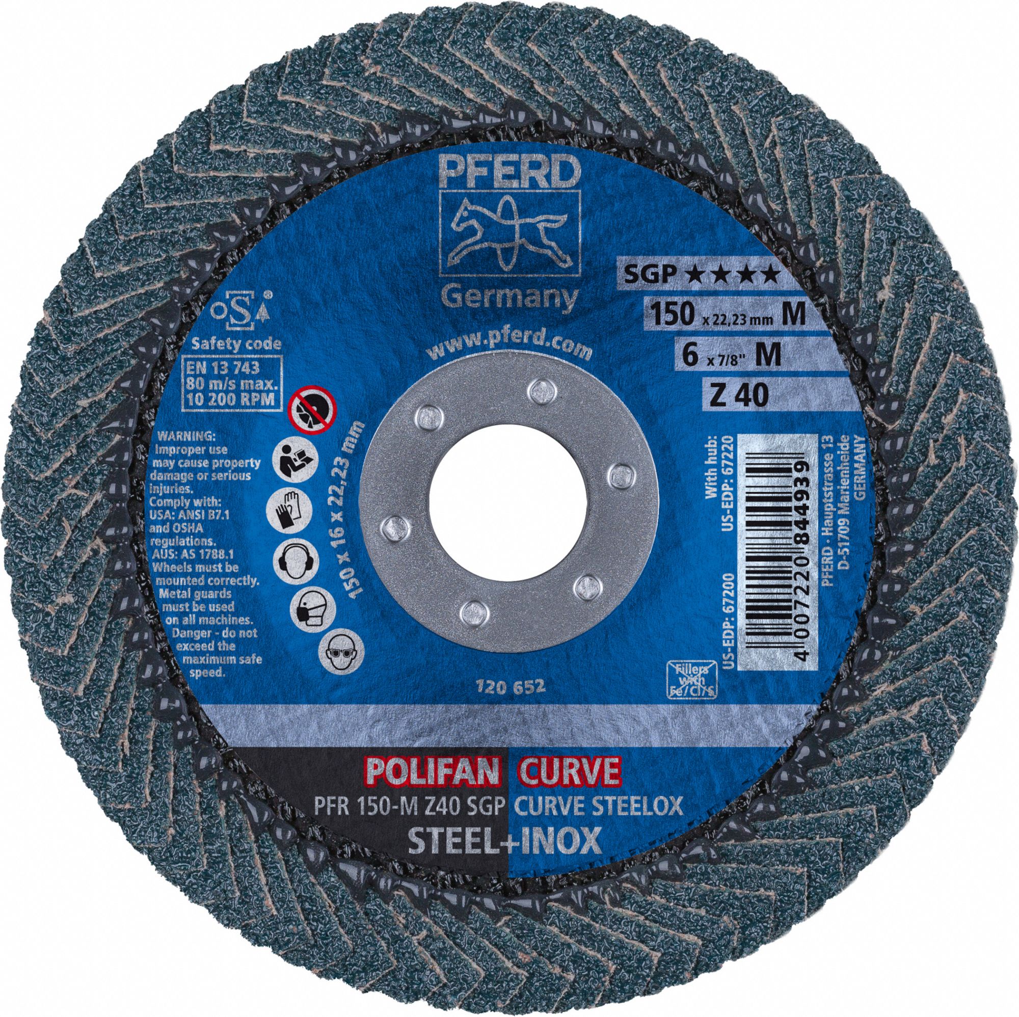 Flap Disc: Radial, 6" x 7/8", Zirconia Alumina, 40 Grit, Fiberglass Bk, Std Density