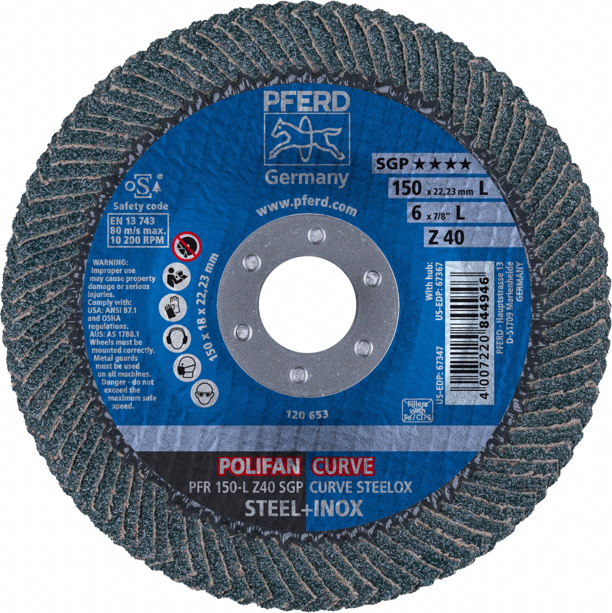 Flap Disc: Radial, 6" x 7/8", Zirconia Alumina, 40 Grit, Fiberglass Bk, High Density