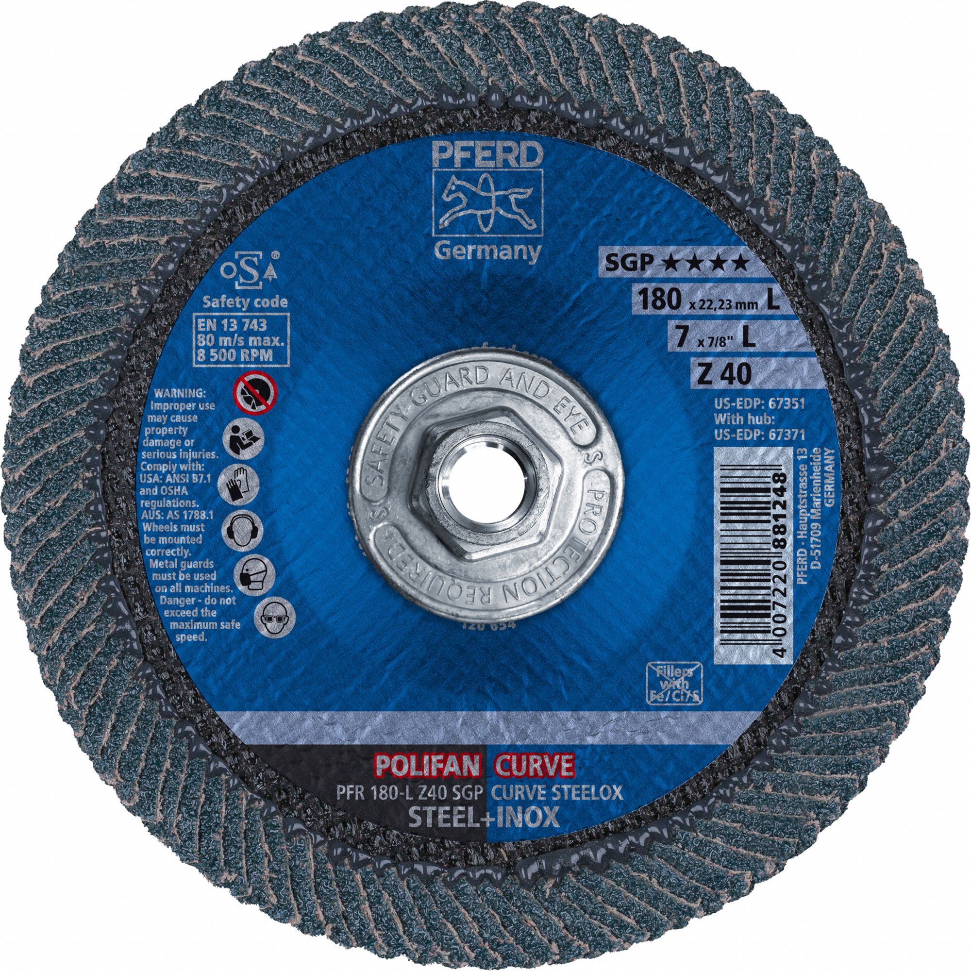 Flap Disc: Radial, 7" x 5/8"-11, Zirconia Alumina, 40 Grit, Fiberglass Bk, High Density