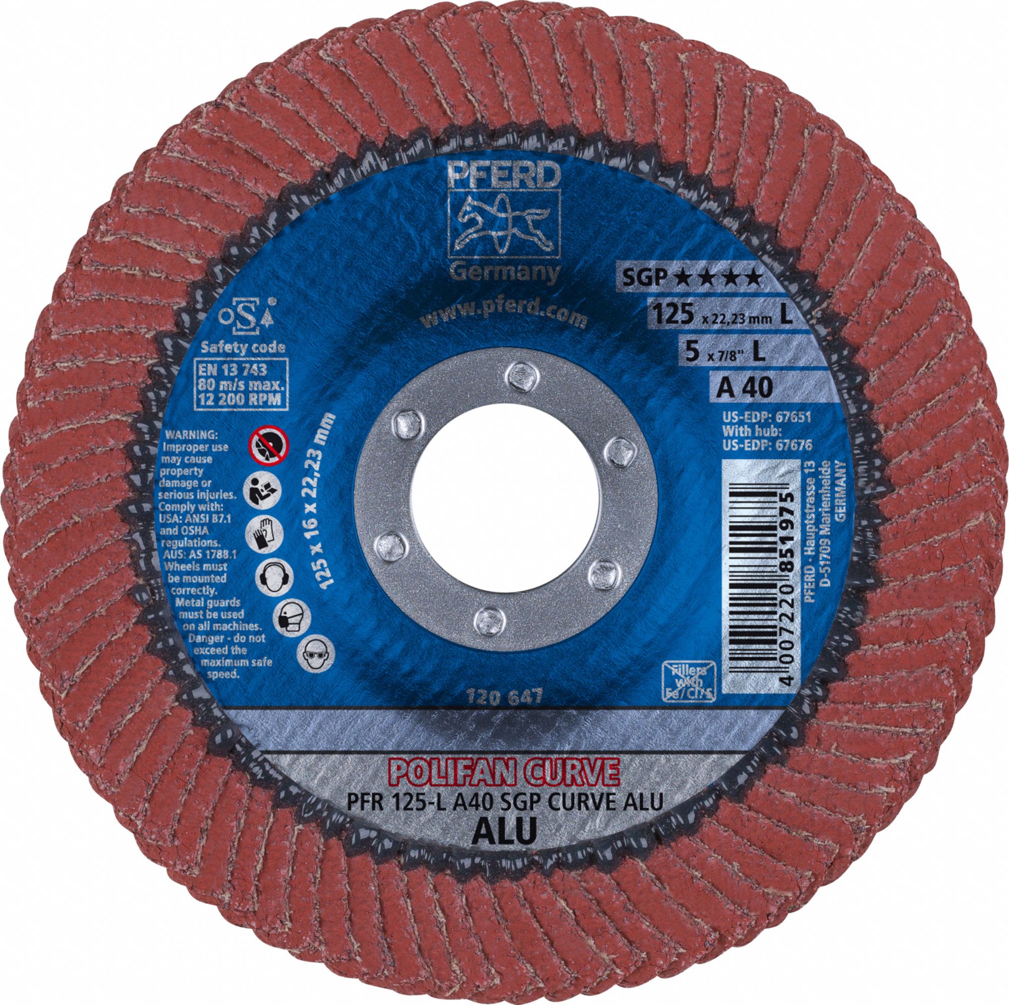 PFERD Radial, Flap Disc, Aluminum Oxide, 5 in Disc Diameter, 40