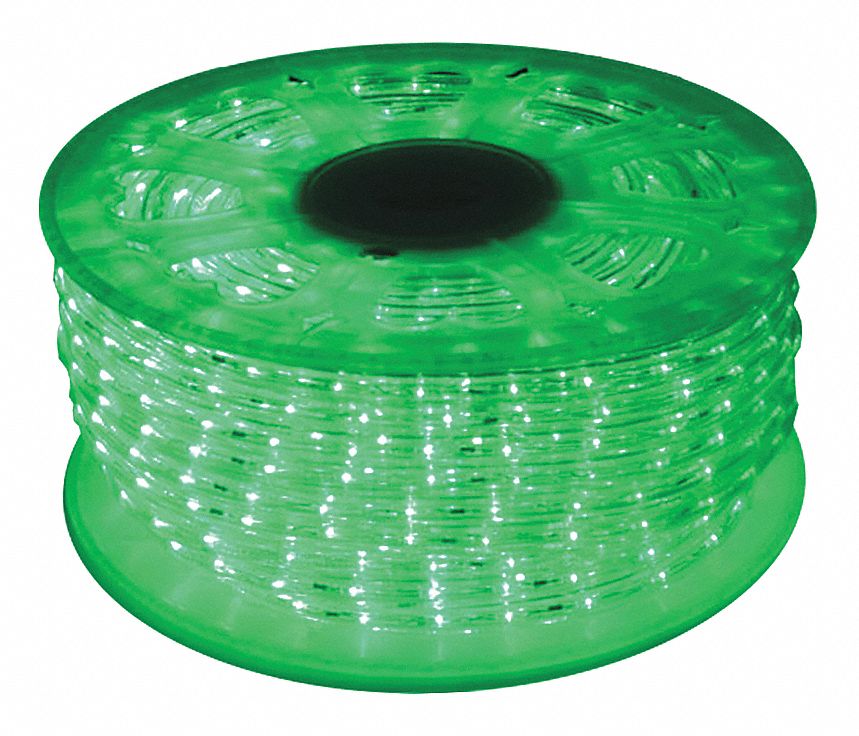 LED Rope Light: Green, 150 ft Overall Lg, 1/2 in Overall Ht, 120 V AC, 115.5 W