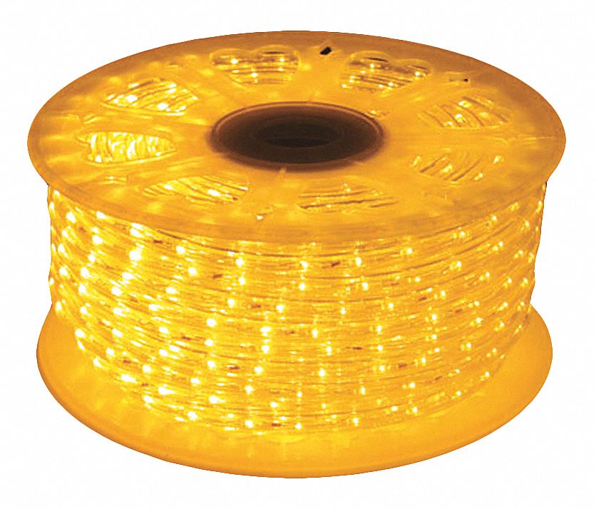 LED Rope Light: Yellow, 150 ft Overall Lg, 1/2 in Overall Ht, 120 V AC, 70.5 W