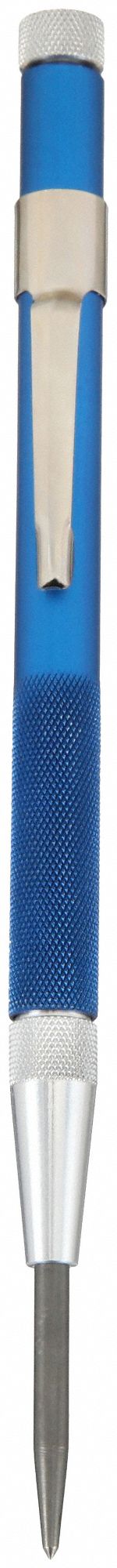 Automatic Center Punch: Round, 1/4 in Shank Dia, 6 in Overall Lg, 3/8 in Taper Lg, Knurled Grip, Box