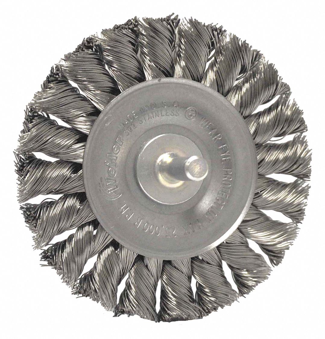 WIRE WHEEL BRUSH, TWISTED STAINLESS STEEL, 4 IN DIAMETER X ½ IN W, ¼ IN SHANK, 0.014 IN FILL