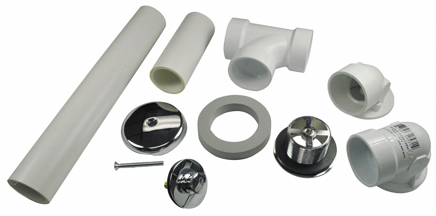 Waste and One Hole Overflow Kit: 1 1/2 in Pipe Dia., Sched 40 PVC Drain, Stainless Steel Grid