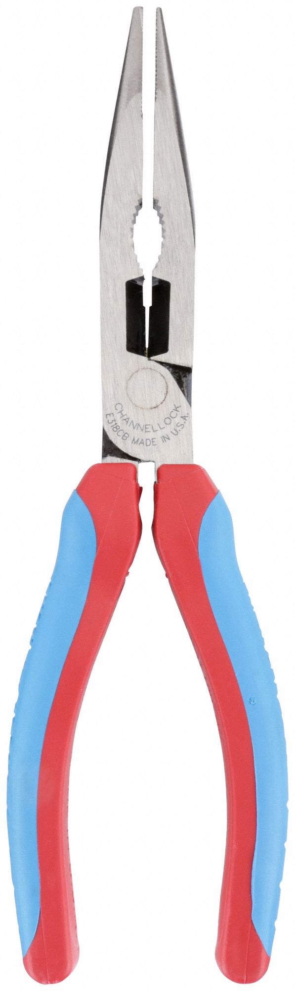 LONG NOSE PLIER, 1⅜ IN MAX JAW OPENING, 7⅞ IN OVERALL L, 3 IN JAW L, ⅛ IN TIP W, SERRATED