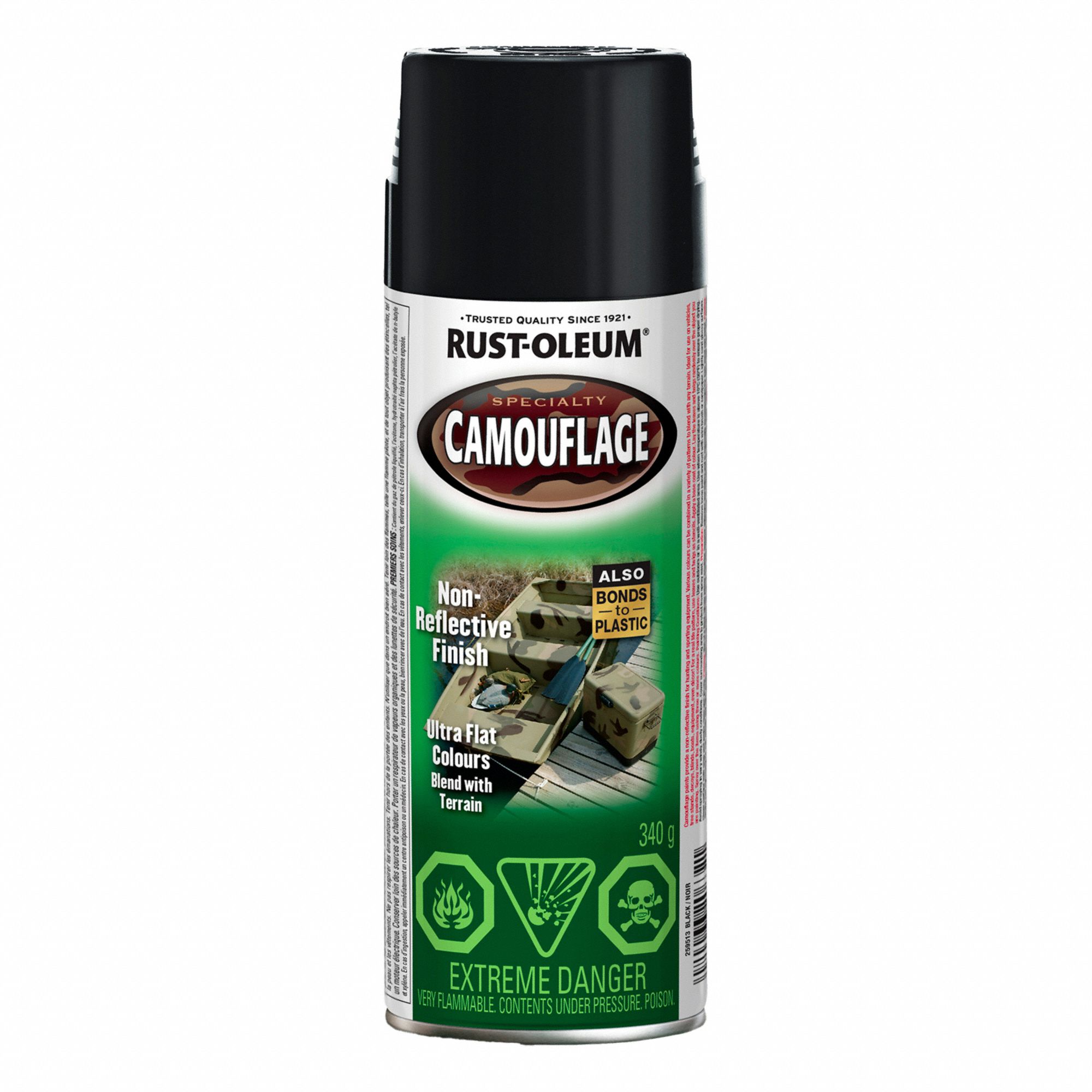 SPRAY PAINT, SPECIALTY, CAMOUFLAGE, ULTRA-FLAT FINISH, BLACK, 340 G, SOLVENT BASE/ALKYD RESIN