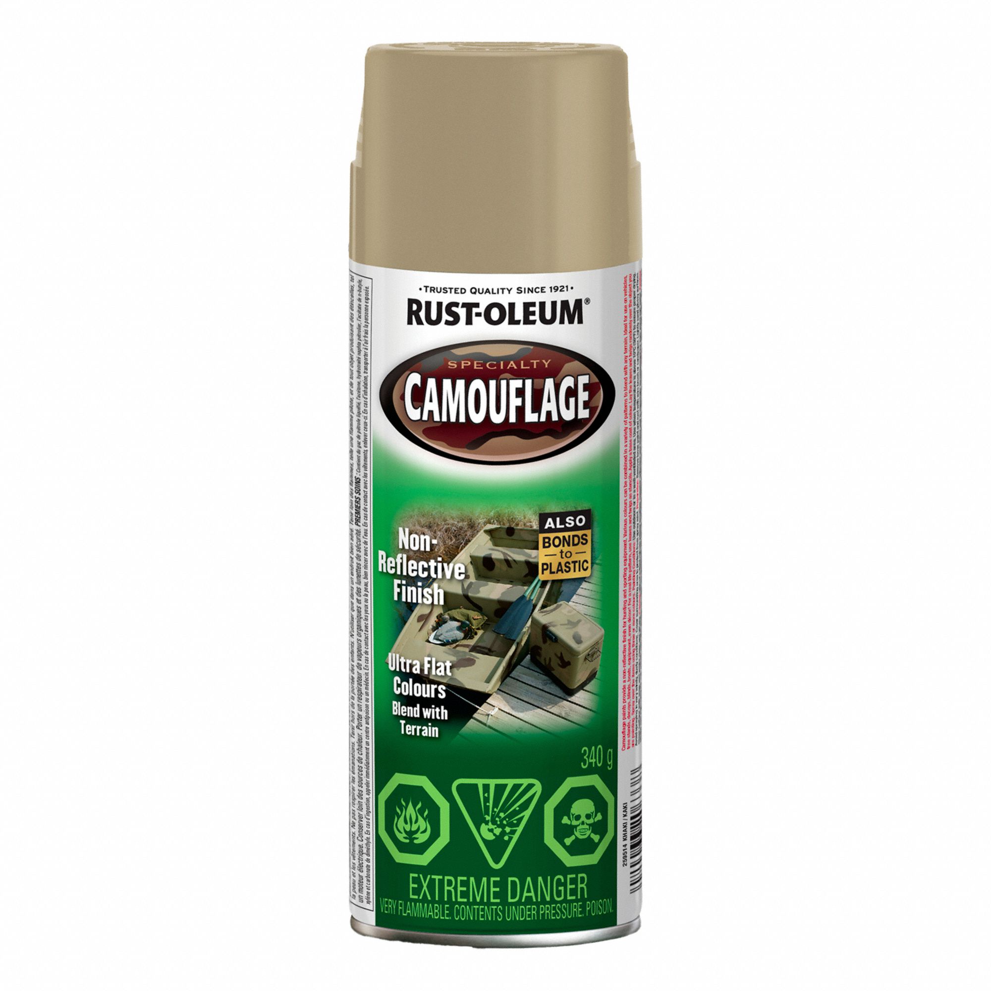 SPRAY PAINT, SPECIALTY, CAMOUFLAGE, ULTRA-FLAT FINISH, KHAKI, 340 G, SOLVENT BASE/ALKYD RESIN