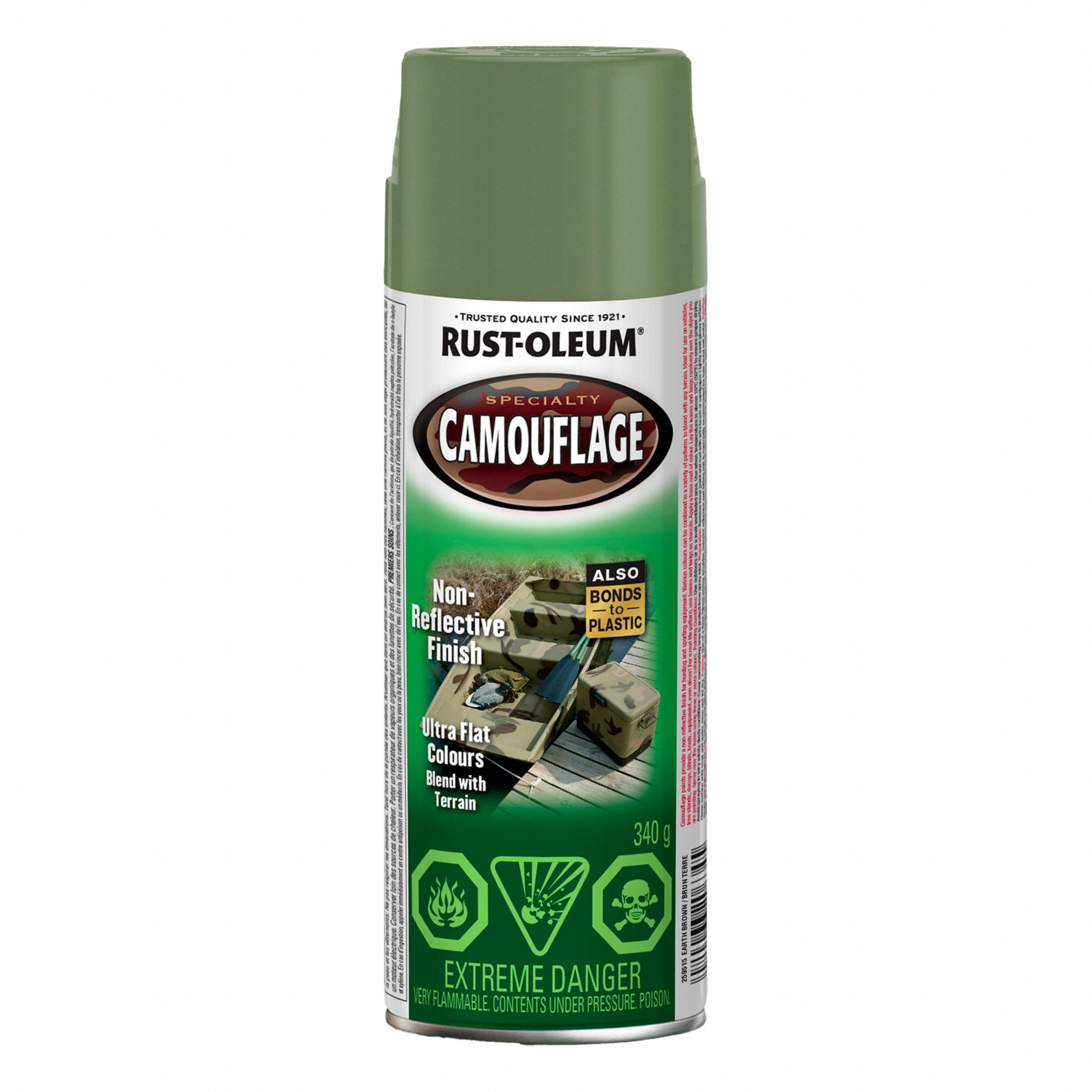 SPRAY PAINT, SPECIALTY, CAMOUFLAGE, ULTRA-FLAT FINISH, EARTH BROWN. 340 G, SOLVENT BASE/ALKYD RESIN
