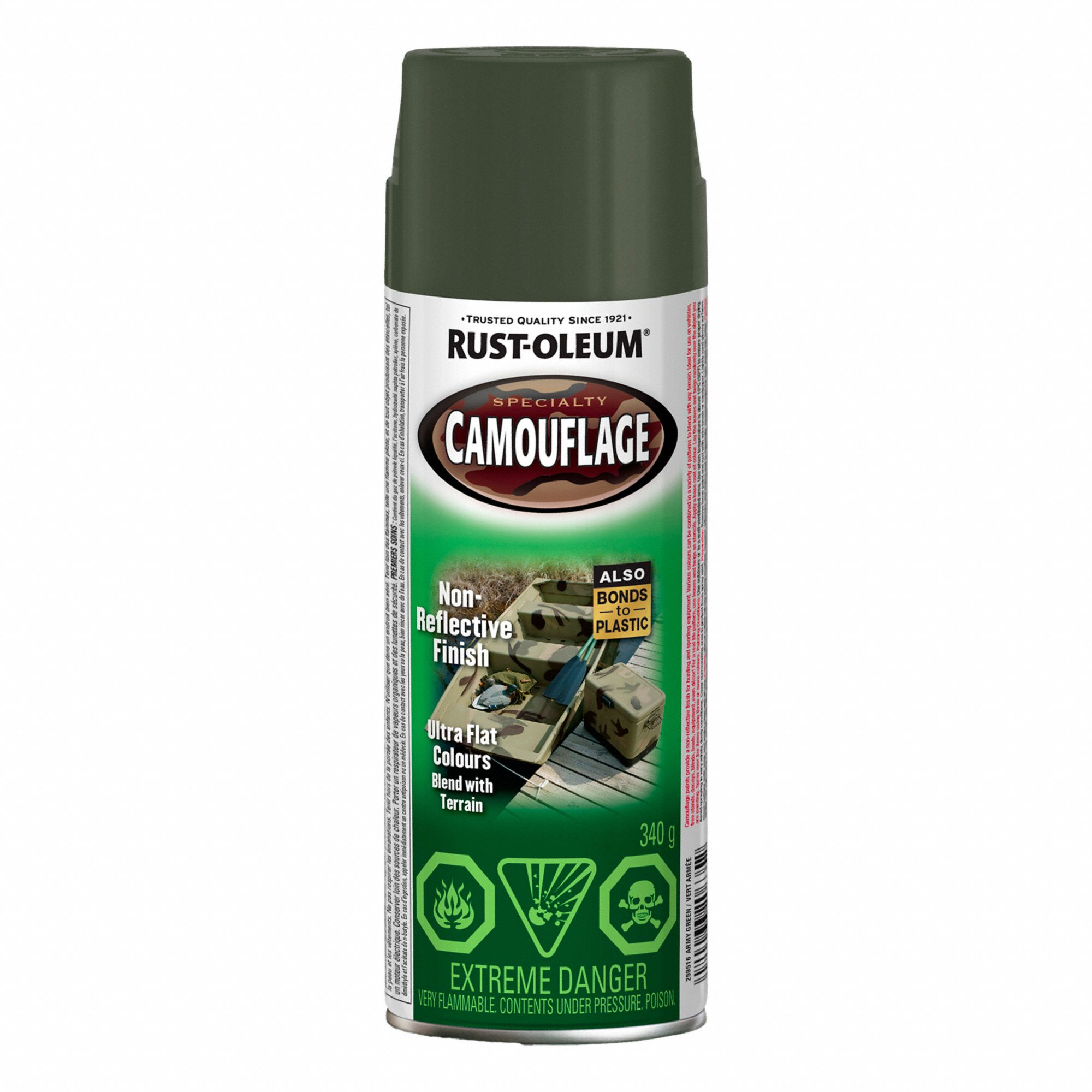 SPRAY PAINT, SPECIALTY, CAMOUFLAGE, ULTRA-FLAT FINISH, ARMY GREEN, 340 G, SOLVENT BASE/ALKYD RESIN