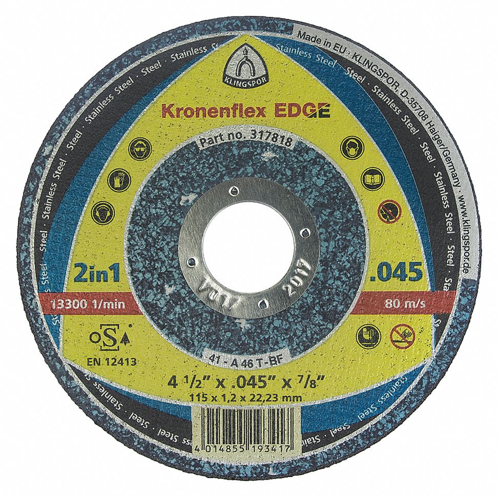 CUT-OFF WHEEL, FOR STAINLESS STEEL/STEEL, TYPE 1, 60 GRIT, 10,200 RPM, 4 1/2 X 0.045 X 7/8 IN