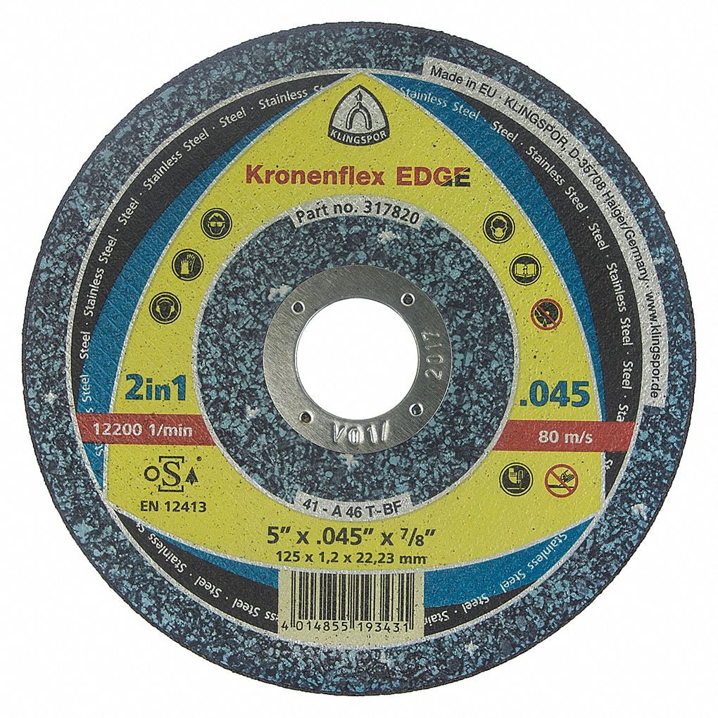 CUT-OFF WHEEL, FOR STAINLESS STEEL/STEEL, TYPE 1, 60 GRIT, 12,200 RPM, 5 X 0.045 X 7/8 IN