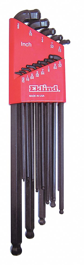 HEX KEY SET, SAE, EXTRA LONG, 13 PIECES, PLASTIC HOLDER, BLACK OXIDE, 2 TIPS, BALL END